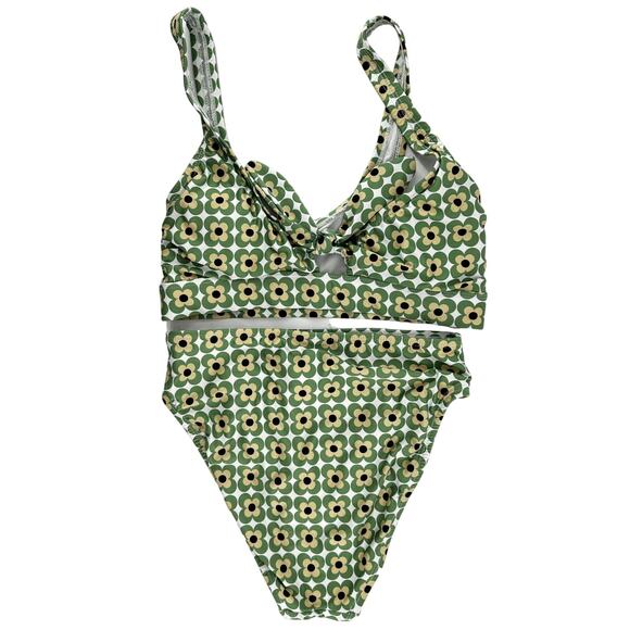 ModCloth Floral Two Piece Bikini Swimsuit Front Tie Retro Beach Green XS/S NWOT - Picture 2 of 7